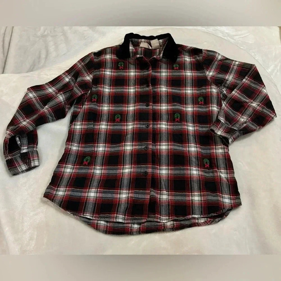 Plaid Embroidered Button Down Velvet Collar Granny Shirt Christmas Wreaths VTG - Picture 3 of 14